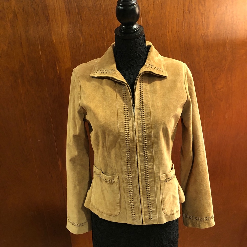 Leather Suede Zip Jacket with Pockets and Detail